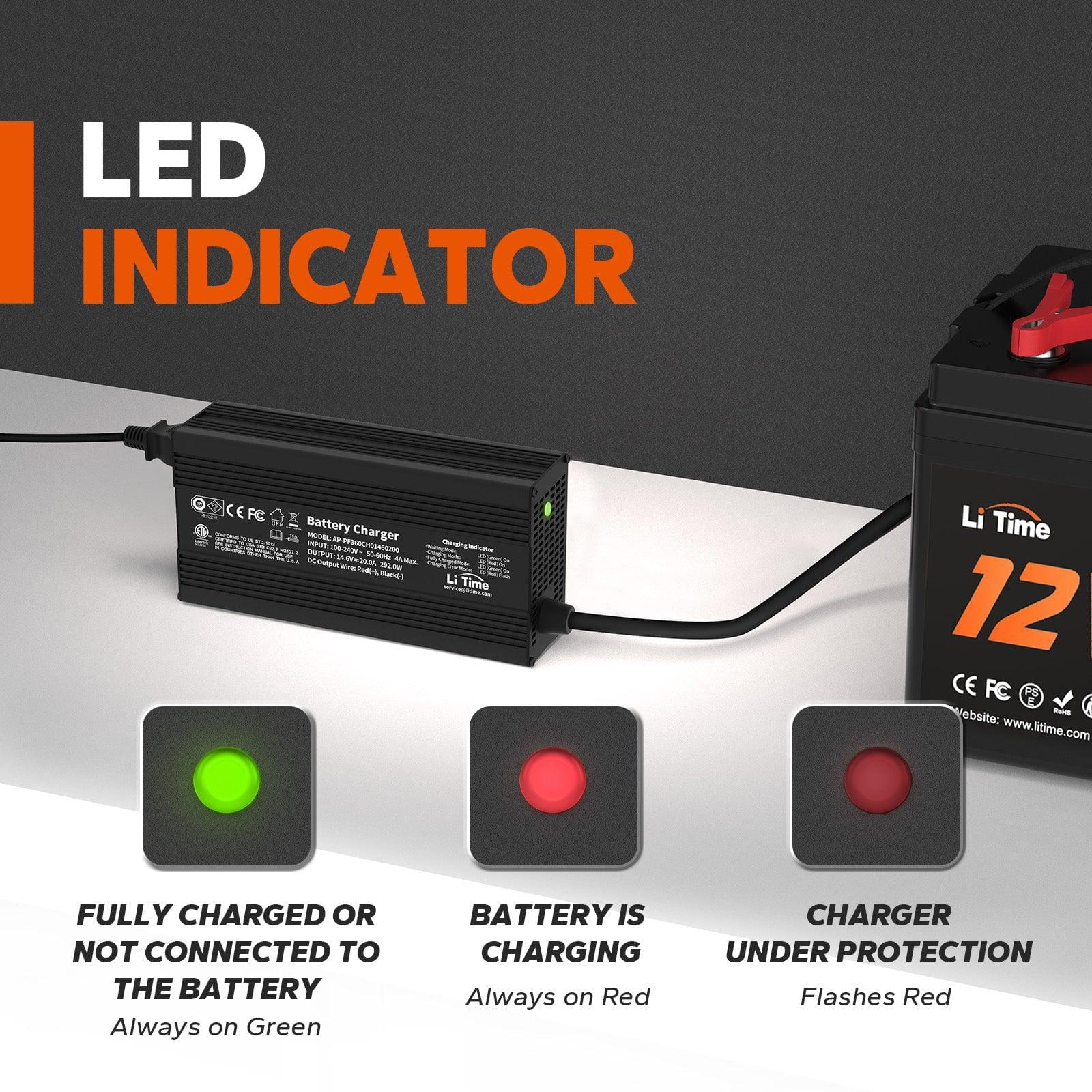 LiTime 12V 20A Lithium Battery Charger for 12V LiFePO4 Lithium Battery