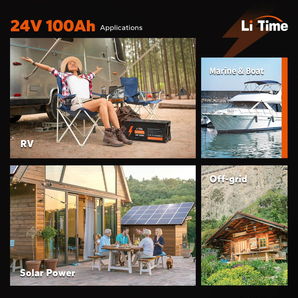 multiple applications of LiTime 24V 100Ah LiFePO4 Battery: RV, marine, trolling motor, solar off-grid power